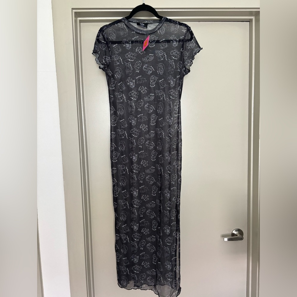 Dressed in LALA Black Sheer / Mesh Midi Dress with Zodiac Design
